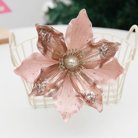 wybcfp 8PCS Christmas Artificial Flower Ornament Glitter Pink Christmas Magnolia Flower Poinsettia Picks Fake Magnolia Stems Vase Filler for Xmas Tree Wreath Garland Holiday Home Decoration