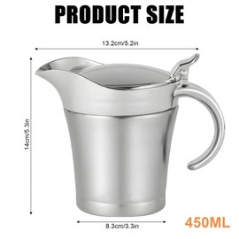 450 ml Stainless Steel Thermal Gravy Boat, Sauce Jug with Hinged Lid, Double Insulated Sauce Jug, Thermal Gravy Boat, Elegant Silver Sauce Jug for Home, Dinner, Restaurants, Parties, Christmas