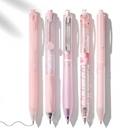 Hyleon 5 Pcs Black Pens, 0.5mm Gel Pens with Aesthetic Translucent Pink Barrel, Smooth Writing Retractable Ink Pen for School, Office and Home Stationery