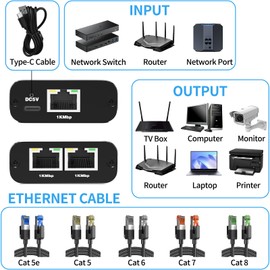 Ethernet Splitter for Simultaneous Connections, 1000Mbps, 2 Port, with USB Power Cable (1000Mbps Ethernet Spltter 1 to 2)