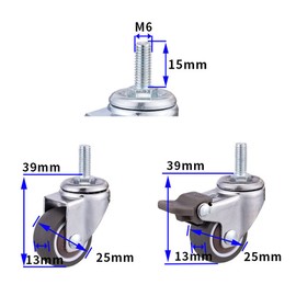 Furniture Castor, Pack of 4 Swivel Castors for Furniture M6 x 15 mm with Thread 32 mm Soft Rubber TPE Thread Mini Castors Furniture Castors for Small Devices and Small Furniture (2 Pieces with Brake)