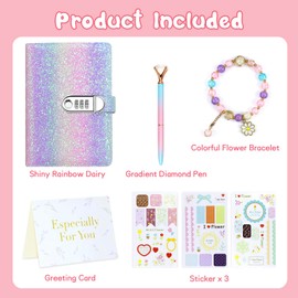 Kidsord Diary with Lock for Girls, Birthday Gifts for 8 9 10 11 12 Year Old Girls, Kids Journal with Lock and Pen, Password Journal Notebook Kit for Girls, 200 Pages Secrect Diary (Rainbow Purple)