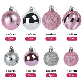 Agoer 60 Pieces Christmas Baubles Set Christmas Tree Baubles Glitter Decoration Christmas Baubles in Pink and Silver in Plastic with Star, Chain, Box, Hanging Decorations