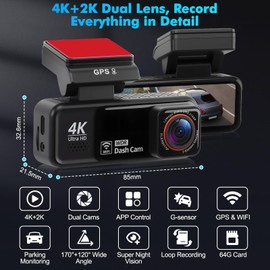 Dashcam Car Front Rear 4K + 2K Car Camera with 64GB SD Card ADAS BSD WiFi GPS Dashcam with 170° Wide Angle, G-Sensor, Night Vision, Loop Recording, Parking Monitoring, App Control