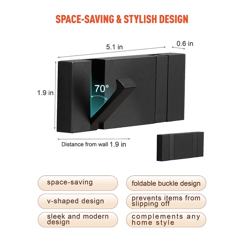 SPIEASSE 2 Pack，Modern Waterproof Black Wall Hooks，Foldable Towel Hooks for