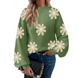 Zeagoo Sweaters for Women 2024 Fashion Trendy Long Sleeve Turtleneck Pullover Lantern Knit Sweater Tops Green-Flower