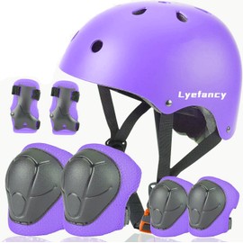 Lyefancy Kids Bike Helmet and Pads Set for 3-13 Years old Boys Girls, Toddler Helmet Protection Gear Set, Adjustable Safety Kids Helmet Knee Pads Set for Scooter Cycling Skateboard Skating(Purple, S)