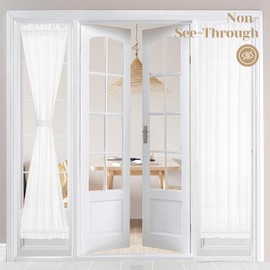 HOMEIDEAS Non-See-Through French Door Curtains Set of 2 for Front Door, Light Filtering Privacy Semi Sheer Window Curtains with Rod Pocket and Tie Back, White, 26W X 72L Inch