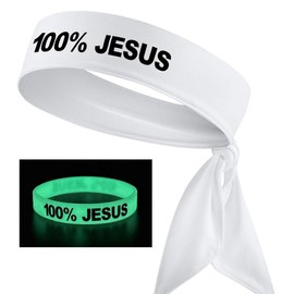 100% Jesus Sports Head Tie Headband & Silicone Wristband Soccer Fútbol Football White Black Athletics Fitness Stretch Sweatband Bandana Men's Women's Teens Youth Sweat Band Head Tie Back - Headband & Wristband: 1 White Headband + 1 White, Glows Green Wri