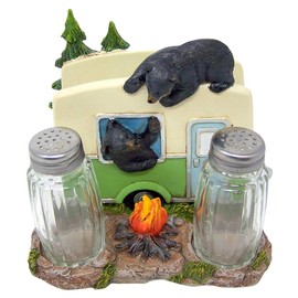 Rustic Kithcen Accessory- Black Bear in a Camper Salt and Pepper Shaker and Napkin Holder, 5 Inch (Shakers Included)