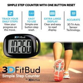 3DFitBud Simple Step Counter Walking 3D Pedometer with Lanyard A420S (Black)