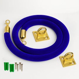 Blue Velvet Hanging Rope with Loops – Wall Mount 5FT VIP Blue Rope with Hook Gold Loop Wall Plate Set for Events & Parties Crowd Control