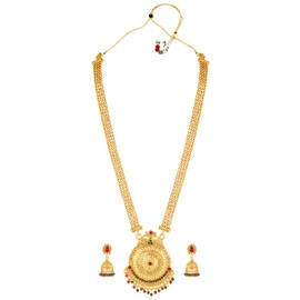 Aheli Gold Plated Rani Pink & Green Synthetic Stone Studded Long Maharani Haar Necklace & Jhumki Earrings Traditional Jewellery Set Gift for Women