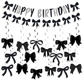 FloralGrace Black Bow Banne Birthday Decoration, Birthday Party Decorations with Congratulations on Birthday Banner Bow, Hanging Swirls Decoration Item