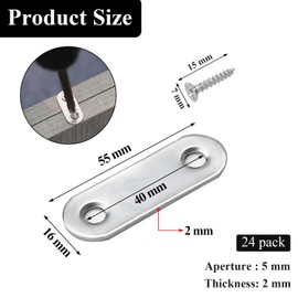Wopanxye Fastening Brackets, Shelf Brackets, Straight Plate, Stainless Steel Fittings, 24 Pieces, 0.6 x 2.2 inches (16 x 55 mm), Flat Plate, Plate Hardware, Furniture Fixing Plate, Brackets, Screws