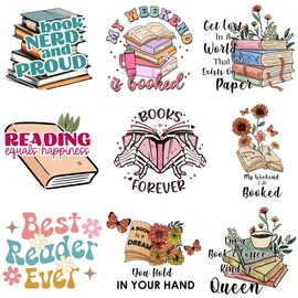 9pcs Small Size Book Iron On Decals Thermal Transfer Patches for Clothing T-Shirts Jean Backpack Washable Heat Press Decoration Appliues Vinyl Sticker DIY Crafts