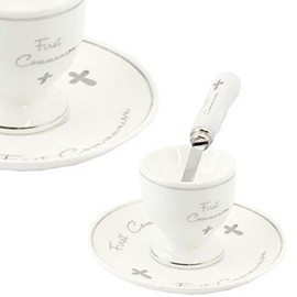 White & Silver Fine China 'First Communion' Egg Cup, Plate & Spoon Set