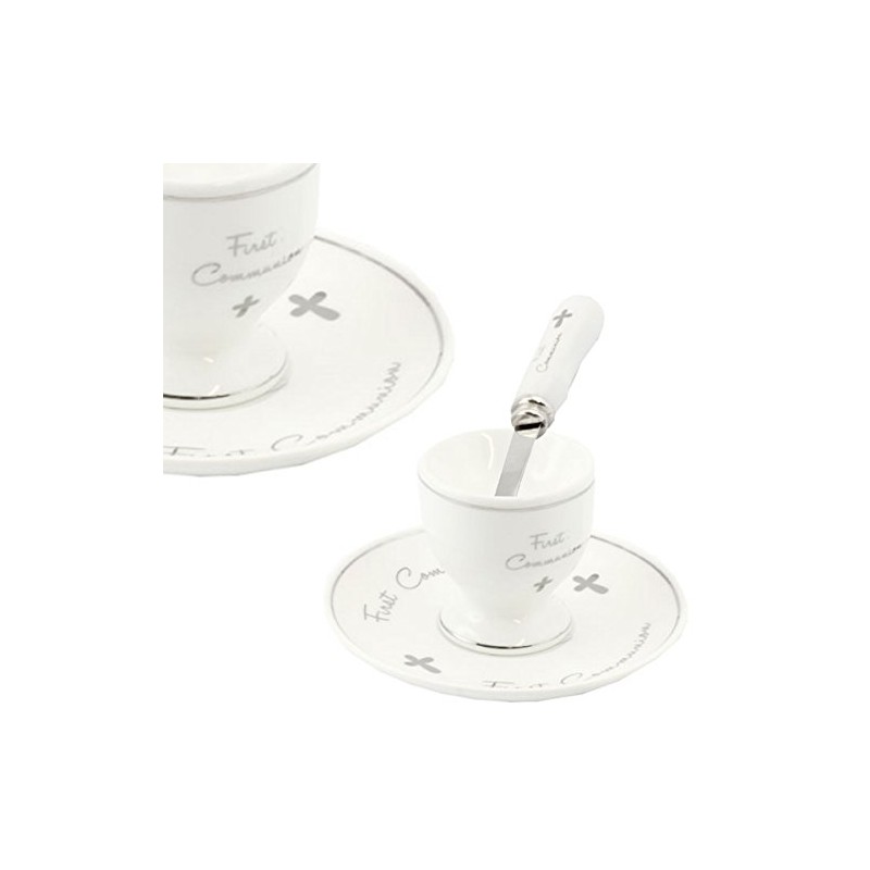 White & Silver Fine China 'First Communion' Egg Cup, Plate