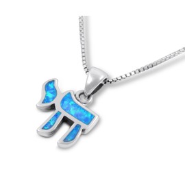 AJDesign Small Hebrew Chai (Life) Jewish Necklace 925 Sterling Silver Created Blue Opal Pendant for Women (23.6 Inches Chain)