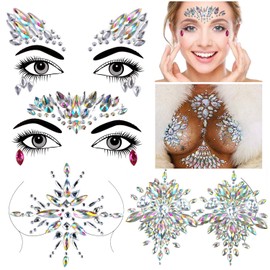 Konsait Face Gemstones Set of 4 Temporary Tattoos Festival Glitter Rhinestones Face Rhinestone Stickers Face Jewels Crystals Rhinestones Face Sticker Eyebrow Face Body Jewellery