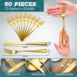 Nuenen 50 Pieces Stainless Steel Forks Silverware Set, Dinner Forks and Dinner Knives Flatware Set Tableware Cutlery Set for Butter Kitchen Restaurant (Gold,8.07 x 0.94 Inch, 9.06 x 0.79 Inch)