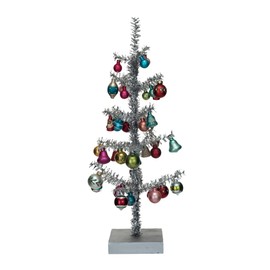 Creative Co-Op Tinsel Tree with Glass Ornaments and Wood Base, Silver