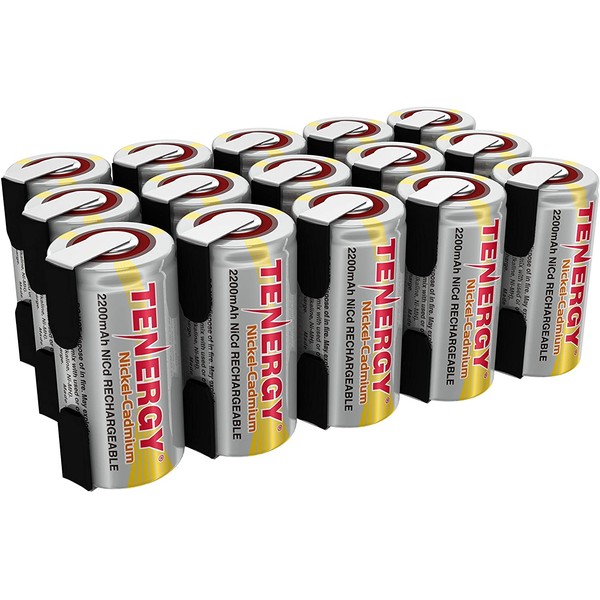 Tenergy 2200mAh Sub C NiCd Battery for Power Tools, 1.2V Flat Top Rechargeable Sub-C Cell Batteries with Tabs, 15-Pack