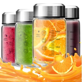 FANS-ONE Glass Juice Bottles 4 Pack 10 oz - Wide Mouth Glass Water Bottles with Lids, Stainless Steel Lids for Juicing, Smoothies, Protein, Milk, Reusable & Leakproof Beverage Storage, BPA Free