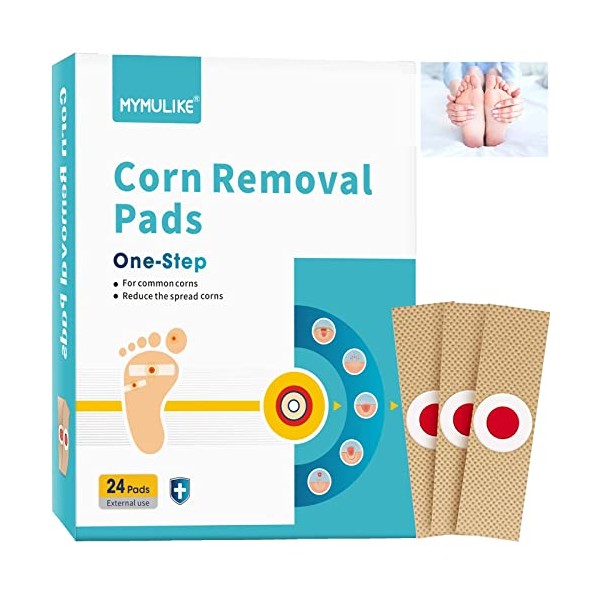 Corn Plasters, 24 Count MYMULIKE Corn Removal Plasters Relief Corn Pain, Corn Plaster with Hole for Feet, Hand, Toe for Feet Care and Corn Removal Plasters Foot Care