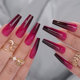 Gradient Color Long Coffin Press On False Nails Medium Length Full Cover Acrylic Fake Nails Ballerina Nails for Women Lady French Style Summer Fashion Nails for Nail Salons and Home DIY Nail Art 24PCS (LF544 Burgundy Color)