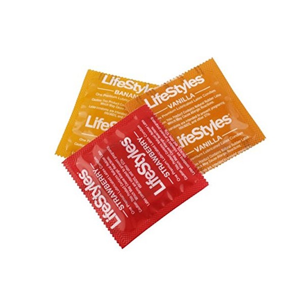 Lifestyles Luscious Flavors Assorted Variety Lubricated Latex Condoms [Variety to your love life with Sensuous Vanilla, Tropical Banana and Wild Strawberry flavored condoms] - Pack of 12