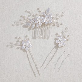 Famihot Hair Accessories, Pearl Comb, U Pins, 5-piece Set, Tree Leaves, Flower Motif, Headdress, Brides, Hair Ornaments, Hand-made, Wedding Headdress Yukata, Kimono, Hair Ornament, Flower, Wedding