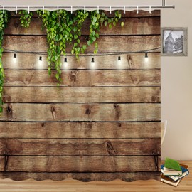 Farmhouse Shower Curtains Rustic Vintage Wooden Board Barn Door Green Leaves Vine Plant Bathroom Decor Polyester Fabric Curtain Set 70 x 70 Inch with Hooks