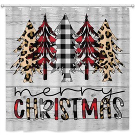 Joliaco Merry Christmas Shower Curtain Buffalo Plaid and Leopard Bathroom Curtain Set Christmas Trees Rustic Wood Polyester Fabric Bathtub Decor with 12 Hooks 72x72 Inches