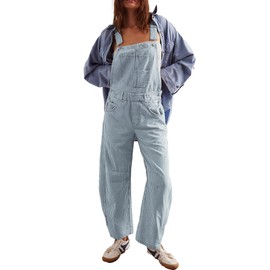 D-Sun Women's Striped Bib Overall Barrel Casual Tapered Overall Pants Wide Leg Adjustable Straps Stretch Jumpsuits