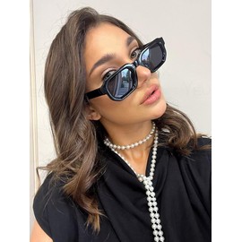 SUNBSR Retro Rectangle Sunglasses for Men Women Trendy Small Square Thick Frame Sun Glasses 90s Vintage Shades, A1 Black/Grey, MM