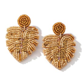 Beaded palm leaf earrings boho - handmade tropical Monstera dangle earrings for summer beach vacation (BROWN)