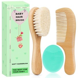 Baby Hair Brush with Wooden Handle and Comb Set for Newborns & Toddlers | Natural Soft Goat Bristles l Wood Comb l Green Cradle Cap Brush | Ideal for 