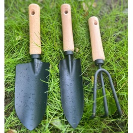 3 Pieces Garden Tools Set-Garden Rake Trowel, Gardening Tools with Wood Handle,Iron Crafts Gardening Work Kit with Solid Wood Ergonomic Handle Tools Succulent Gift Set Outdoor Gardening Tools(Black)