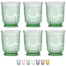 Yungala Green Glassware set of 6 green drinking glasses, textured colored vintage glass cups dishwasher safe