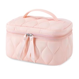 SERENEDWELLING Quilted Makeup Bag Set Coquette Cosmetic Bag Toiletry Travel Organizer, Small Medium Large, Cute Portable Puffy for Women Girls, Pink