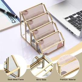 Hipiwe 4 Slots Glass Business Card Holder for Desktop, Gold Mirrored Business Card Display Stand, Multiple Clear Business Name Card Organizer Holder for Office Exhibition