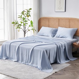Sijo AiryWeight Tencel Sheet Set, 100% Lyocell Derived from Eucalyptus, Buttery Soft, Architectural Digest 2022 Best Cooling Sheets Winner - 4pc - 2 Pillowcases 1 Fitted 1 Top (Sky, King)