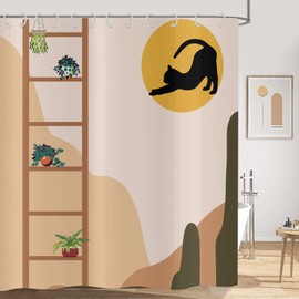 Hnmdmyi Shower Curtain Boho 180 x 200 cm, Mid Century Abstract Black Cat Sun Succulent Potted Plant Bath Curtain Modern Minimalist Geometric Aesthetic Art Waterproof Fabric Bath Curtain