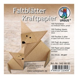 Ursus 3426800 - Faltblätter Kraftpapier, ca. 10 x 10 cm, aus Natron Kraftpapier, 80 g/qm, 100 Blatt, gerippt, für kleine und große Origami Künstler, ideal für kreative Bastelarbeiten