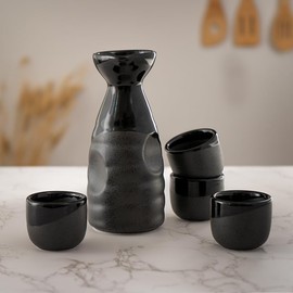 Hinomaru Collection Reactive Glaze Japanese Sake Set Tokkuri 10 fl oz Bottle with Four Sake Ochoko Cups 2 fl oz Drinkware (Black)