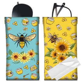 CREATCABIN 2Pcs Leather Glasses Case Portable Slim Bee Sunflower Sunglasses Case Bag Squeeze Top Soft Eyeglasses Holder Pouch Travel Waterproof with Cleaning Cloth Gift for Women Men Holiday 7x3.5Inch