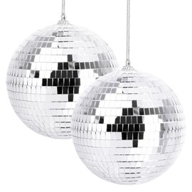 Youdepot - Pelota de discoteca de 4 pulgadas, paquete de 2 unidades, bola colgante plateada con cuerda adjunta para anillo, refleja la luz, divertidas decoraciones de bandas para el hogar, regalo de
