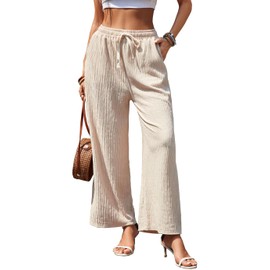 EdgeVibe Women Plus Size Palazzo Pants Wide Leg High Waist Adjustable Knot Loose Casual Trousers Comfy Lounge Pant Business Work Pants with Pockets 2XL, Begie Beige