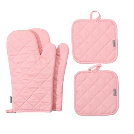 Oven Mitts and Pot Holders 4 pcs Set,High Heat Resistant 500 Degree Extra Thicken Long Kitchen Cotton Oven Glove for Cooking (12 Inch,Pink)…